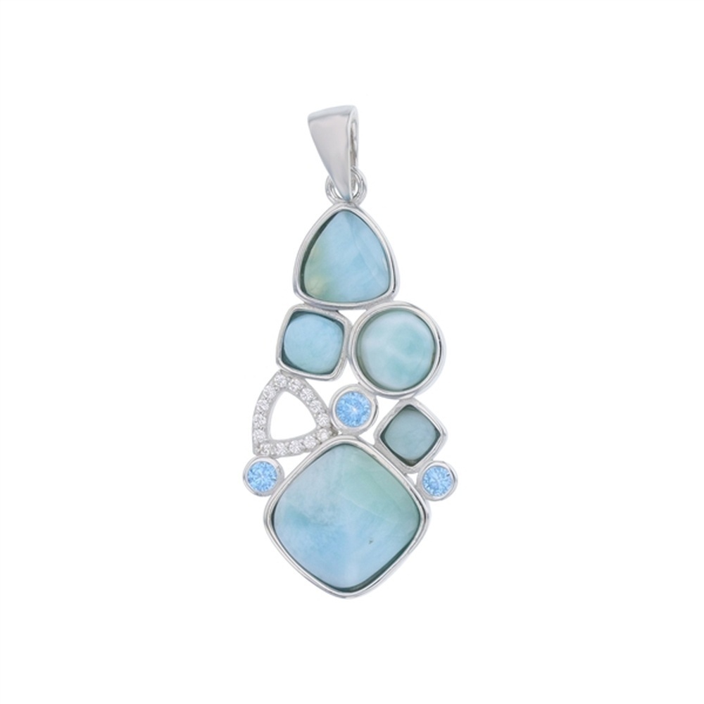 925 Sterling Silver Larimar Geometry Shapes w Aqua & Clear CZ Pendant 3.4 gm